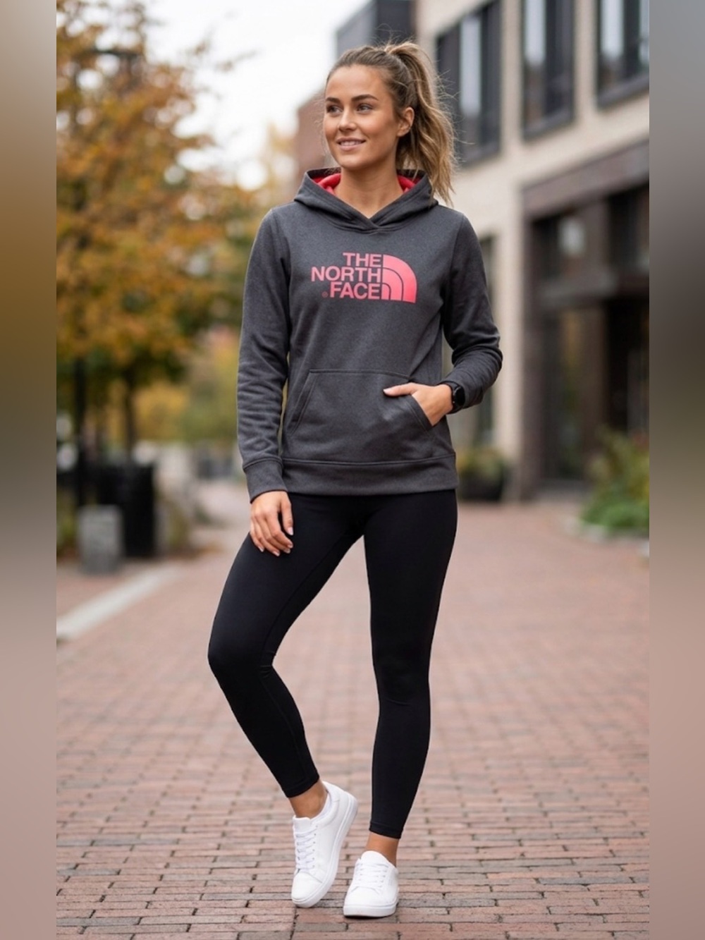 The North Face Charcoal Pullover Hoodie with Red Logo